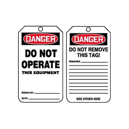 Accuform Safety Tags, DANGER DO NOT OPERATE THIS EQUIPMENT, 5.75in x 3.25in, RP-Plastic, 5PK MDT218PTM